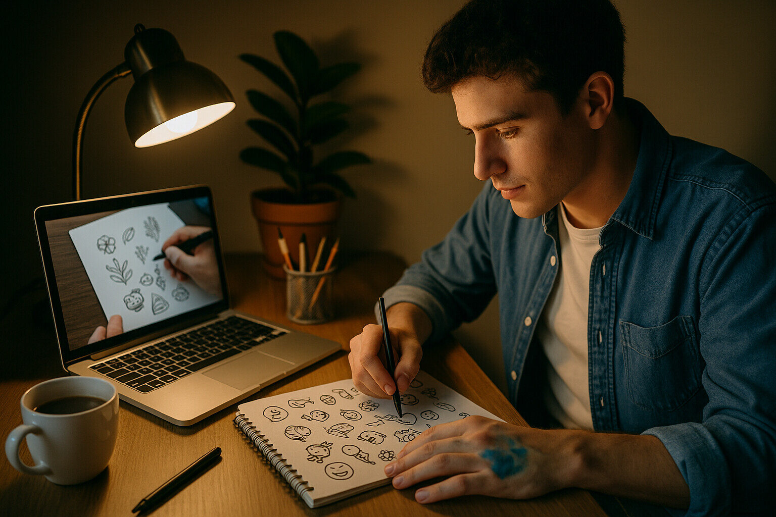 man learning how to use ink and pen