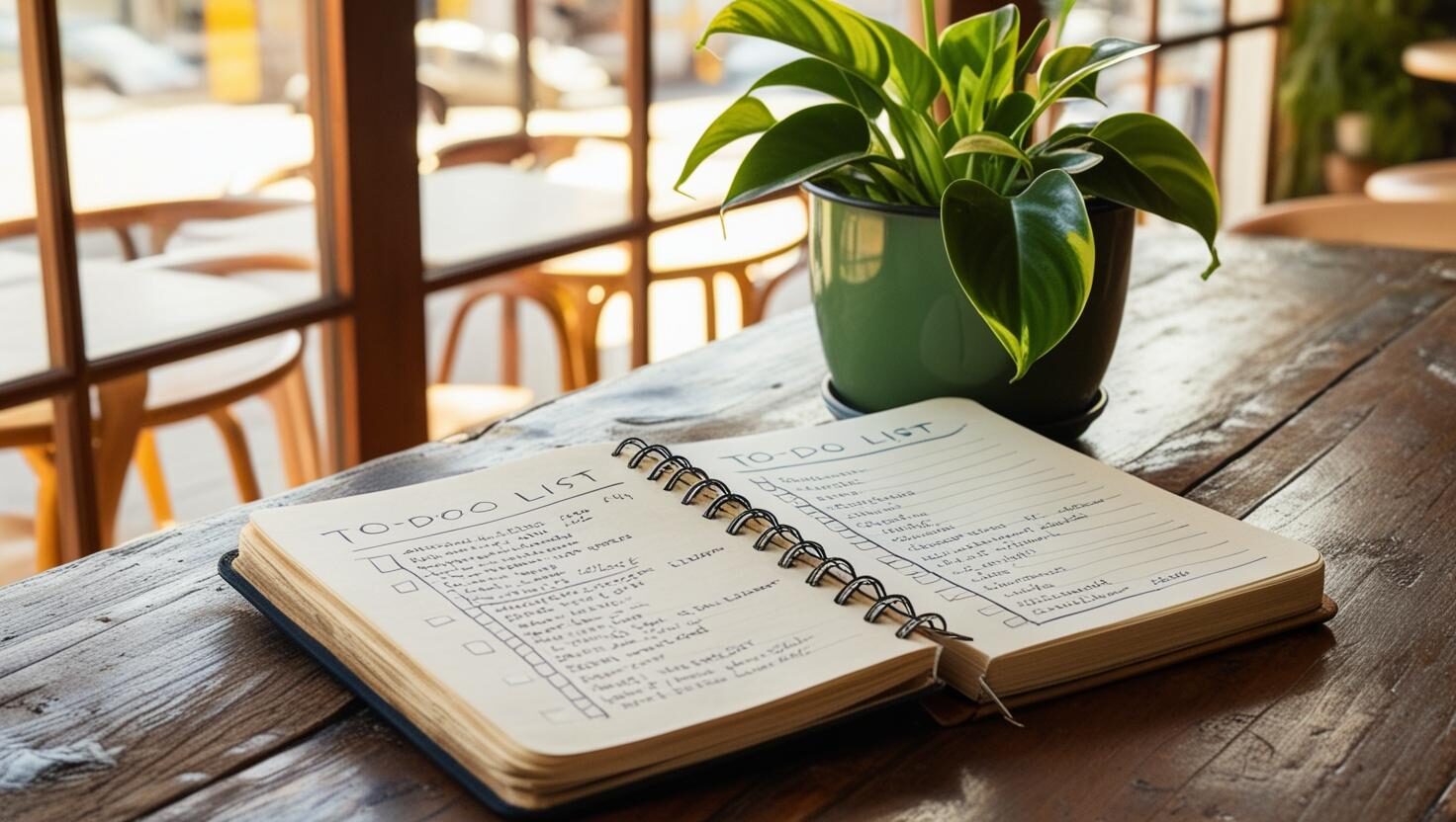 open sketchbook with a list. the sketchbook is on a table in a coffee shop with a house plant on the side